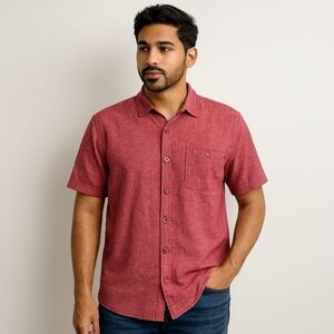 Bruno Button Down Shirt Mens Large Washable Linen Red Short Sleeve